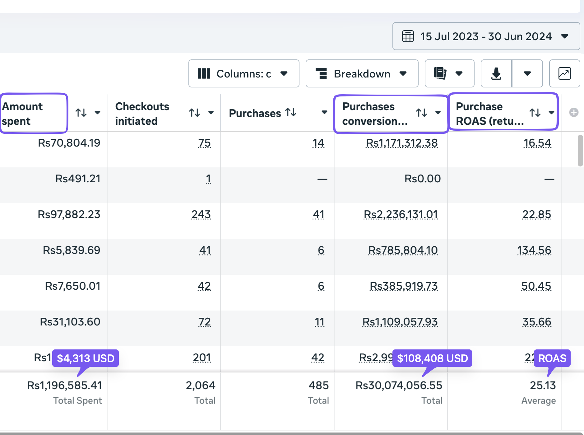 Meta Ads Manager screenshot showing 25.13 average purchase ROAS